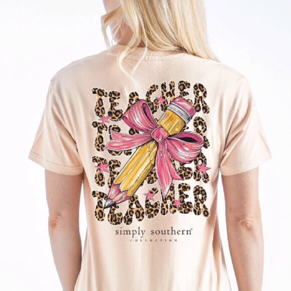 Simply Southern Teacher Bow and Pencil Sleeve T-Shirt - NEW Fast Ship - Picture 1 of 7